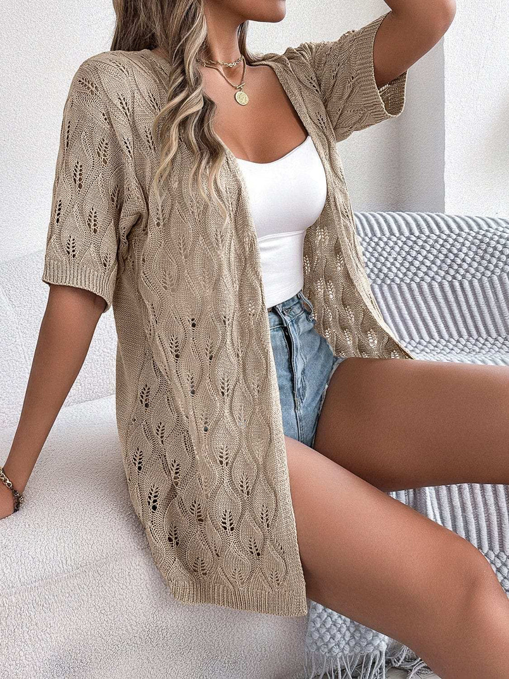 Openwork Open Front Short Sleeve Cardigan - Trendsi - Flyclothing LLC