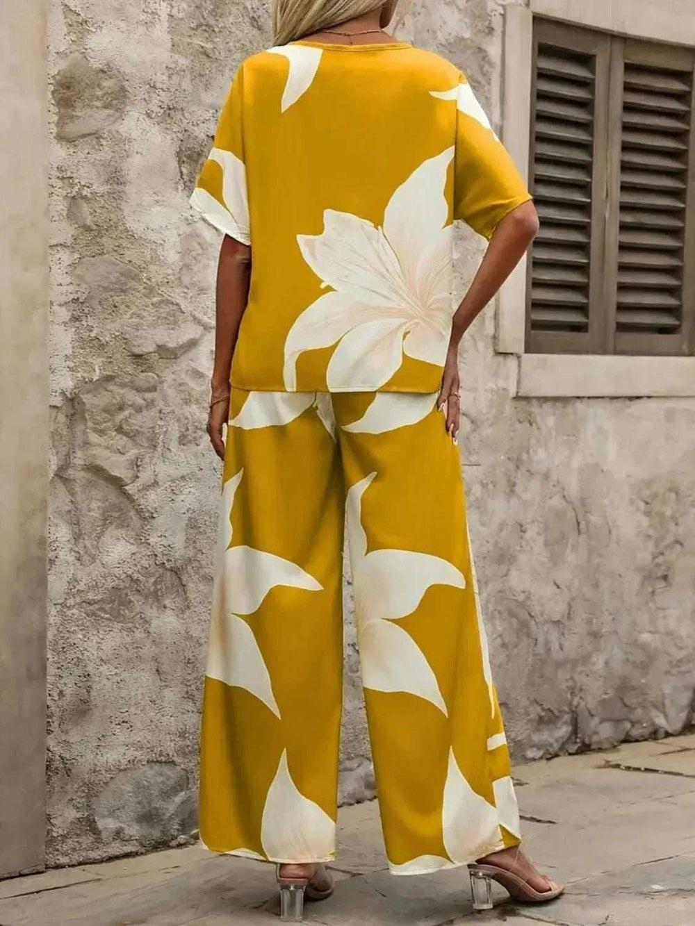 Printed V-Neck Top and Wide Leg Pants Set - Trendsi - Flyclothing LLC