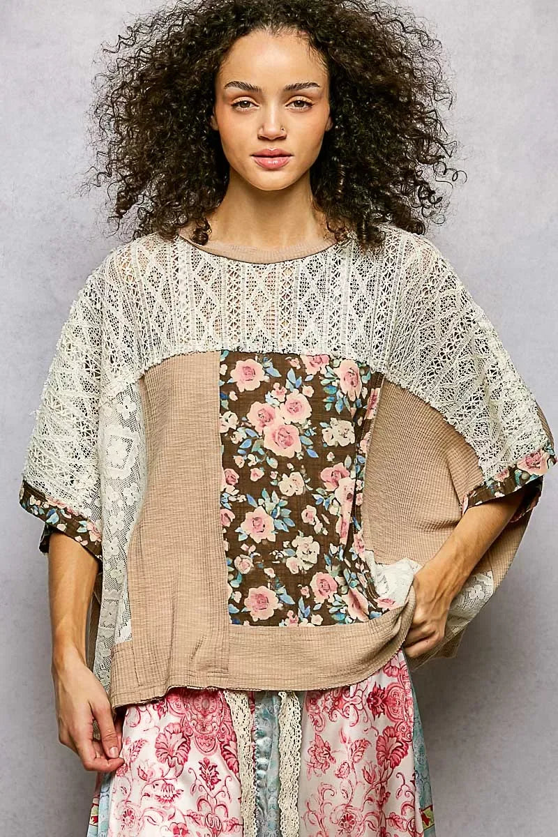 POL Floral Patchwork Lace Accent Blouse - Trendsi - Flyclothing LLC