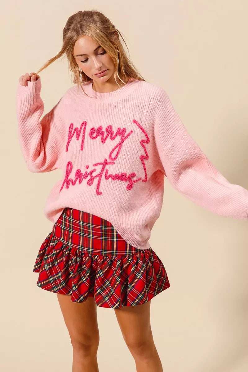SO ME Merry Christmas Tinsel Lettering Sweater - Trendsi - Flyclothing LLC