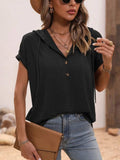 Half Button Hooded Short Sleeve Blouse - Trendsi - Flyclothing LLC