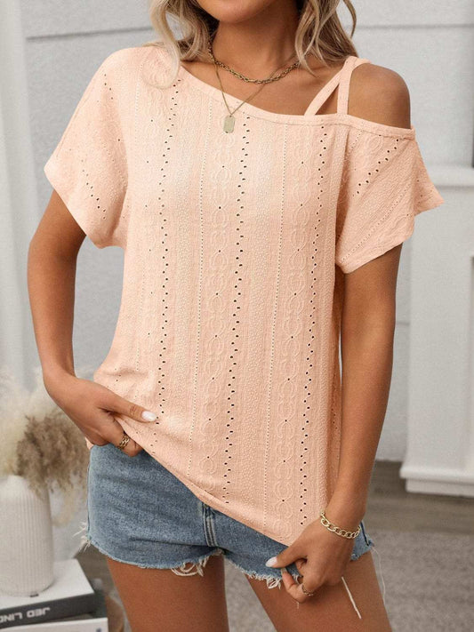 Eyelet Asymmetrical Shoulder Short Sleeve T-Shirt - Trendsi - Flyclothing LLC