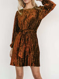 Velvet Round Neck Tie Waist Long Sleeve Mini Dress - Trendsi - Flyclothing LLC