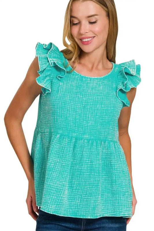 Zenana Double Gauze Acid Washed Tiered Ruffle Peplum Top - Trendsi - Flyclothing LLC