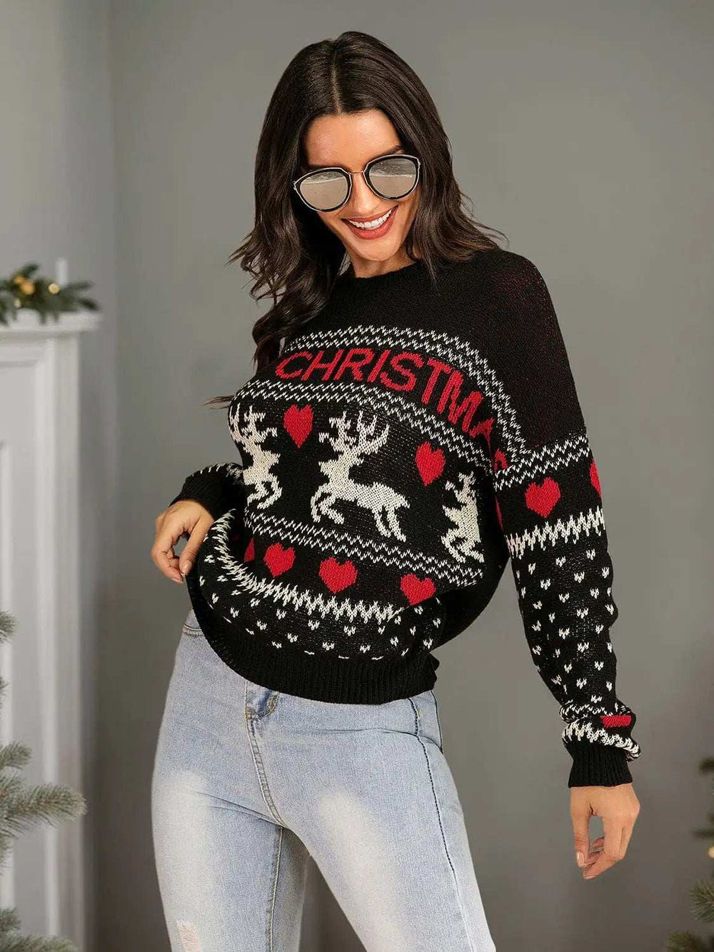 Perfee Christmas Element Round Neck Sweater - Trendsi - Flyclothing LLC