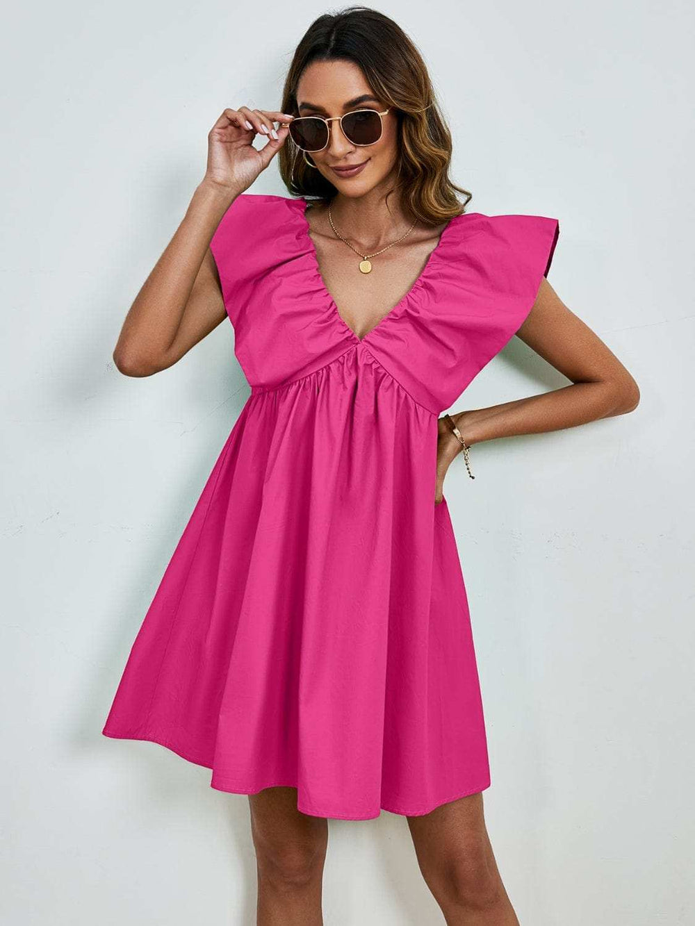 V-Neck Cap Sleeve Mini Dress - Trendsi - Flyclothing LLC