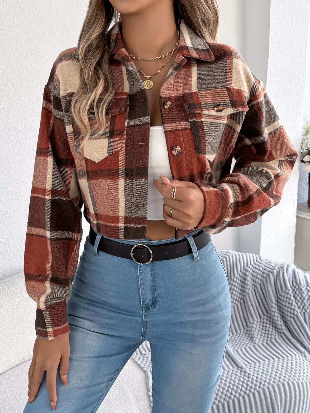 Plaid Button Up Cropped Jacket - Trendsi - Flyclothing LLC