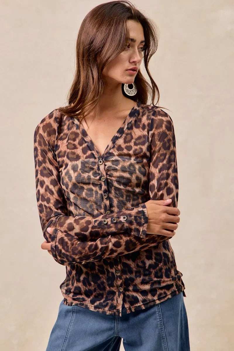 BiBi Leopard Printed Mesh Shirt With Button Up V Neck - Trendsi - Flyclothing LLC