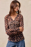 BiBi Leopard Printed Mesh Shirt With Button Up V Neck - Trendsi - Flyclothing LLC