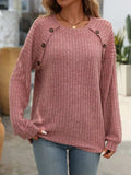 Decor Button Long Sleeve Ribbed T-Shirt - Trendsi - Flyclothing LLC