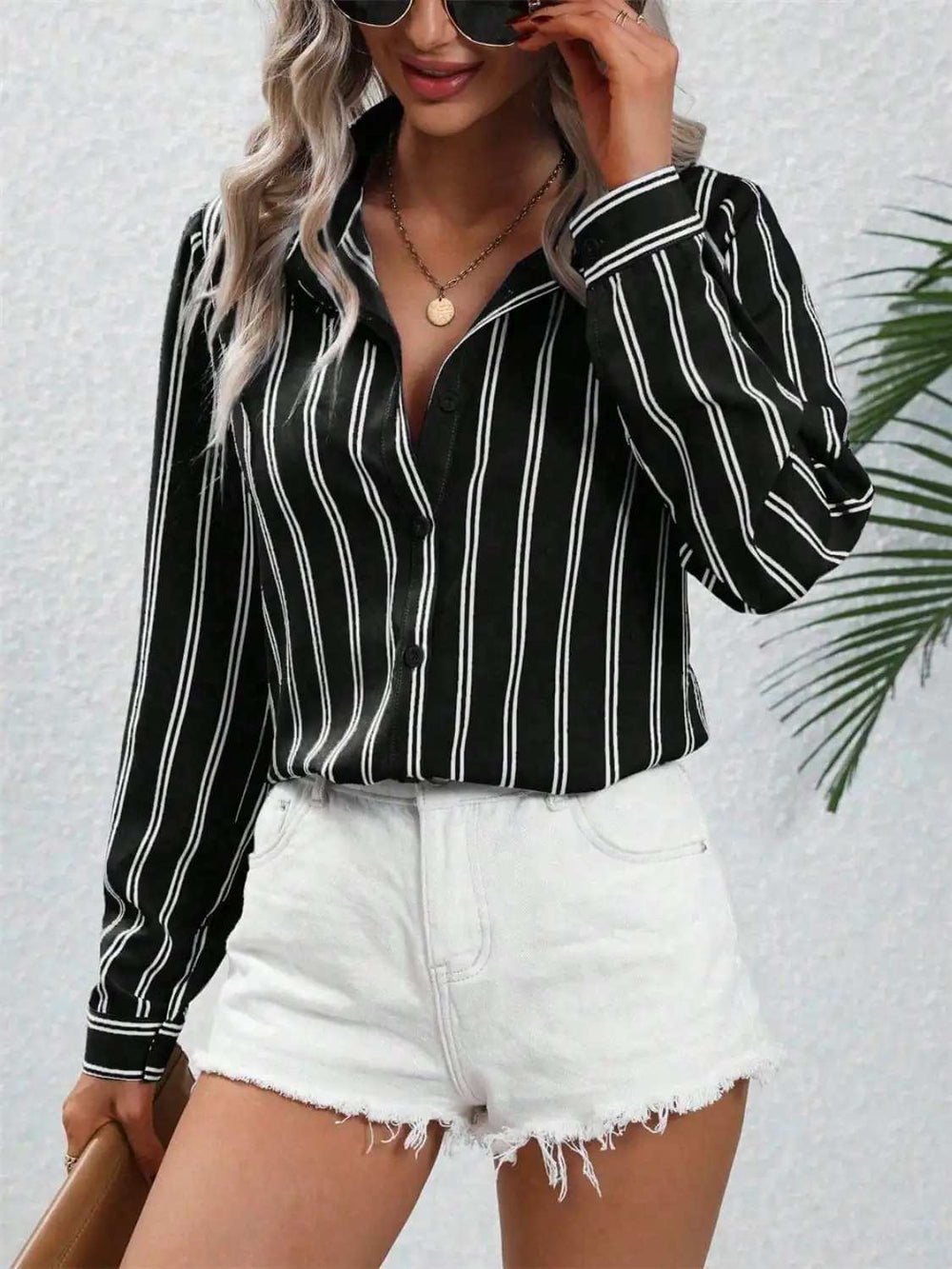 Striped Collared Neck Long Sleeve Shirt - Trendsi - Flyclothing LLC