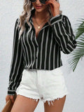 Striped Collared Neck Long Sleeve Shirt - Trendsi - Flyclothing LLC