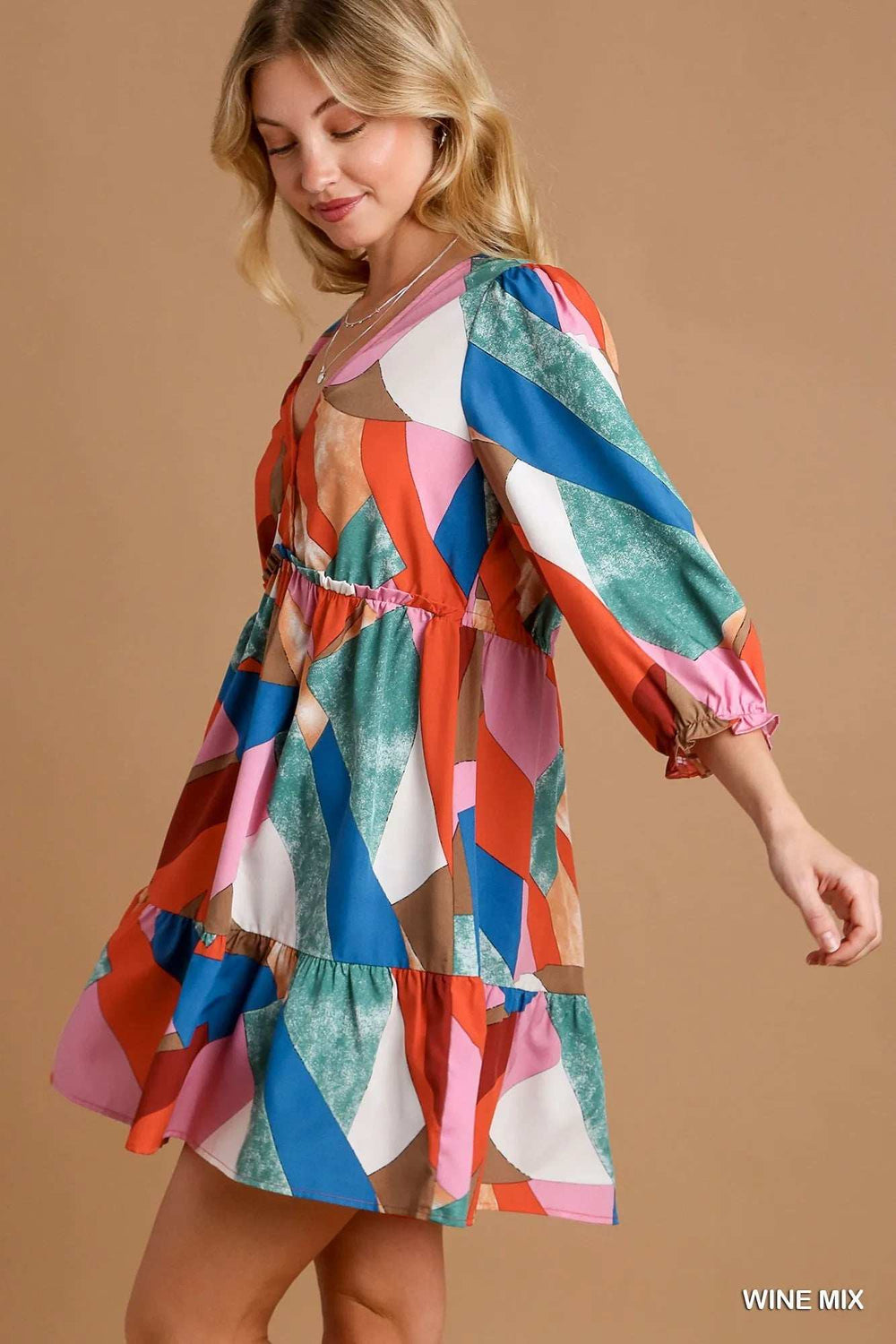 Umgee Abstract V-Neck Tiered Printed Dress - Trendsi - Flyclothing LLC