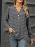 Striped Henley T-Shirt with Button Detail - Trendsi - Flyclothing LLC