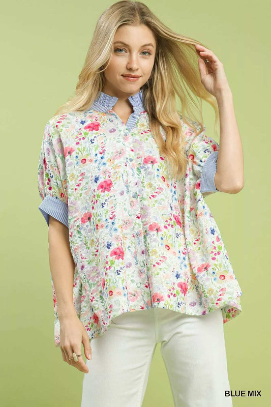 Umgee Jacquard Floral Print Button-Down Shirt - Trendsi - Flyclothing LLC