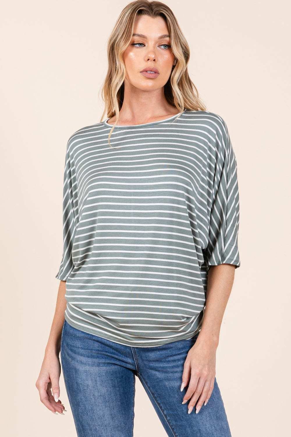 BOMBOM Striped Boat Neck Dolman Sleeve Top - Trendsi - Flyclothing LLC