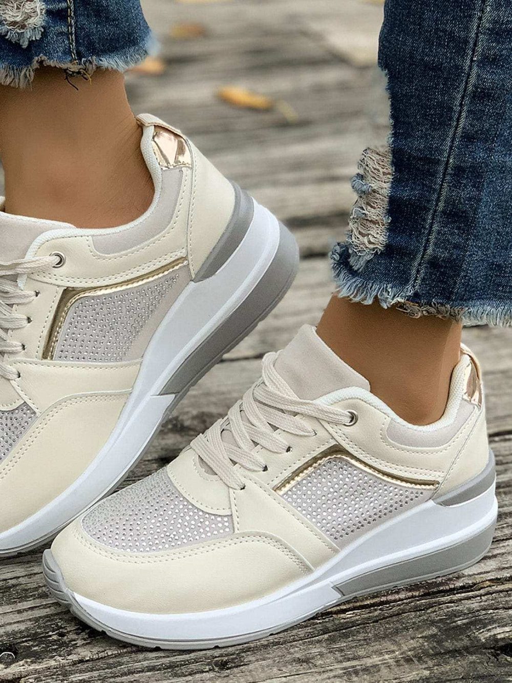 Lace-Up Rhinestone Wedge Sneakers - Trendsi - Flyclothing LLC