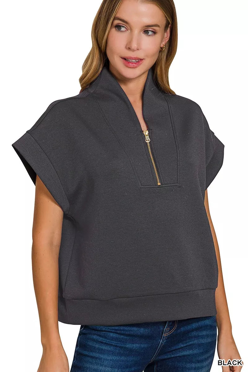 Zenana Scuba High Neck Half Zip Top - Trendsi - Flyclothing LLC