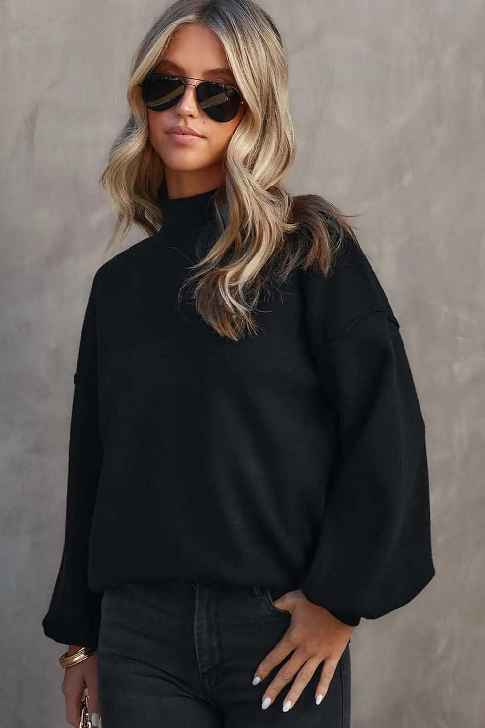 Mock Neck Dropped Shoulder Sweater - Trendsi - Flyclothing LLC