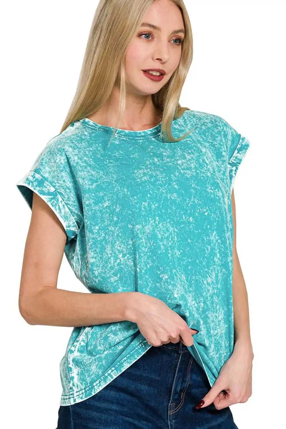 Zenana Crinkle Washed Round Neck Folded Short Sleeve Tee - Trendsi - Flyclothing LLC