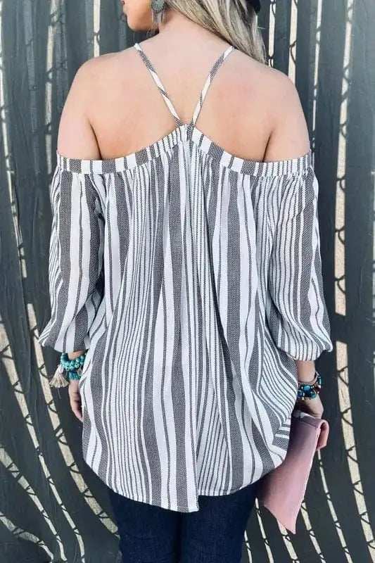 And The Why Stripe Printed Cold Shoulder Halter Neck Top - Trendsi - Flyclothing LLC
