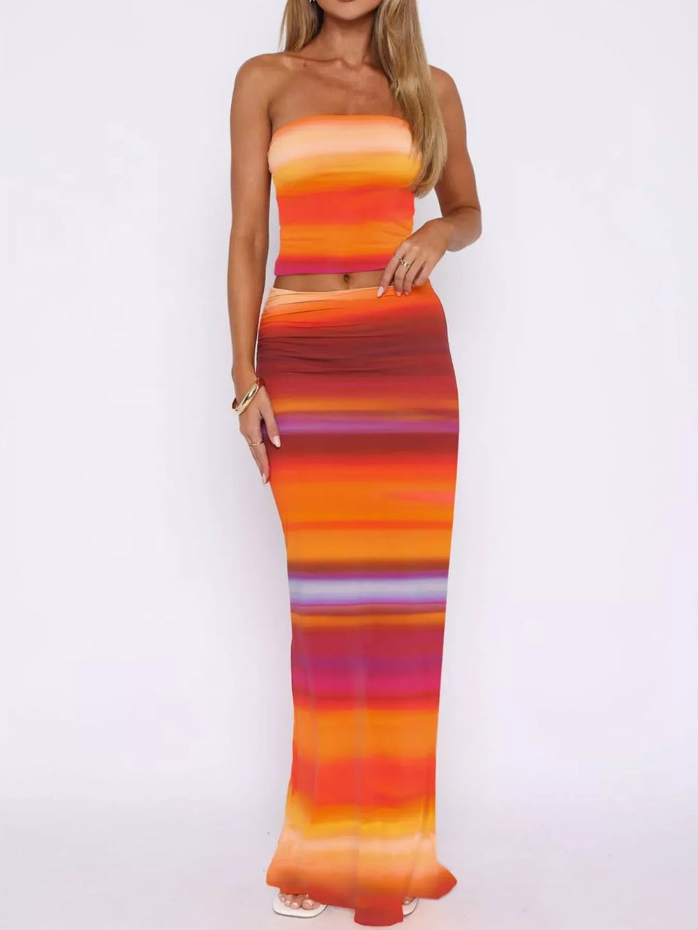 Striped Tube Top and Skirt Set - Trendsi - Flyclothing LLC