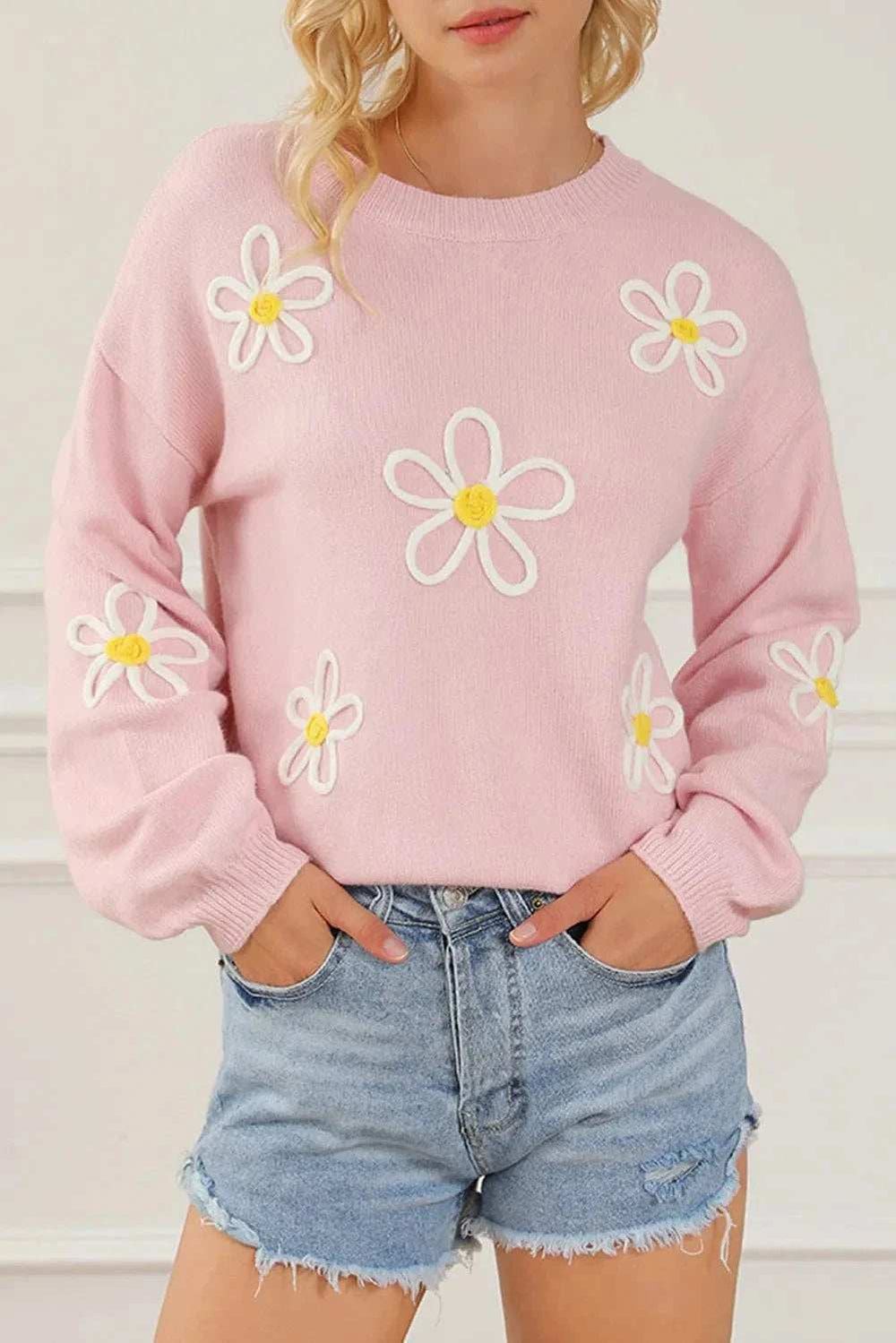Flower Round Neck Dropped Shoulder Sweater - Trendsi - Flyclothing LLC
