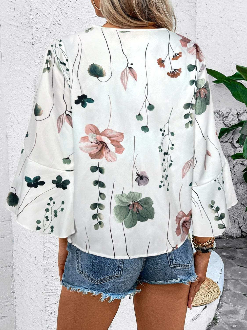 Ruffled Printed V-Neck Half Sleeve Blouse - Trendsi - Flyclothing LLC