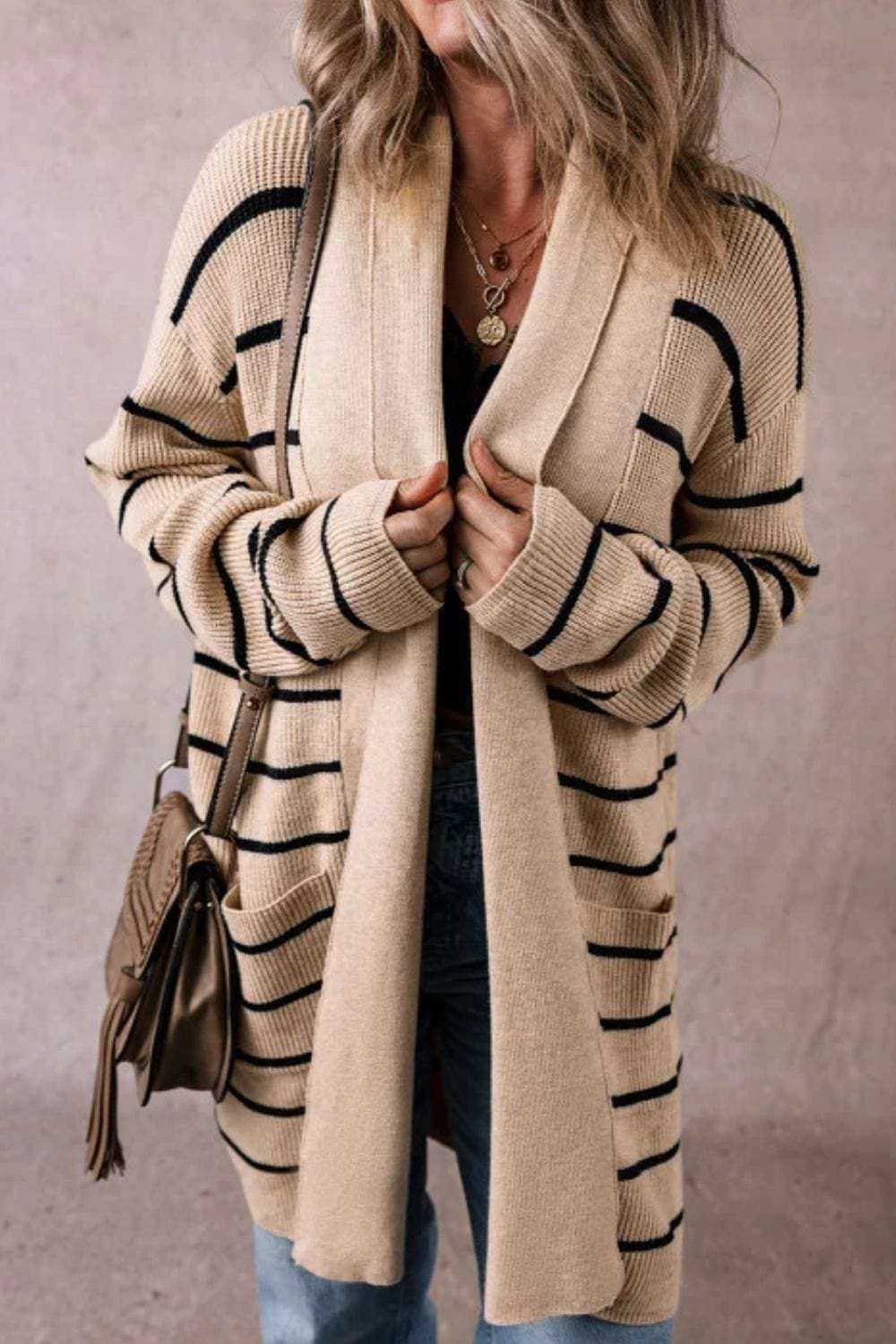 Striped Open Front Long Sleeve Cardigan - Trendsi - Flyclothing LLC