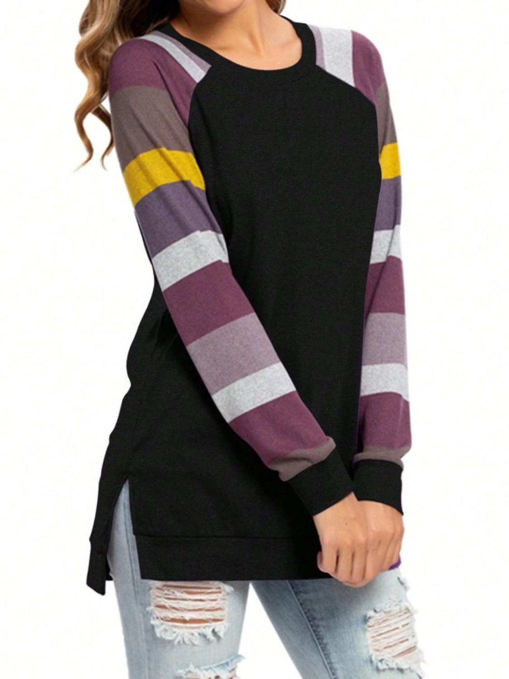 Color Block Round Neck Long Sleeve T-Shirt - Trendsi - Flyclothing LLC