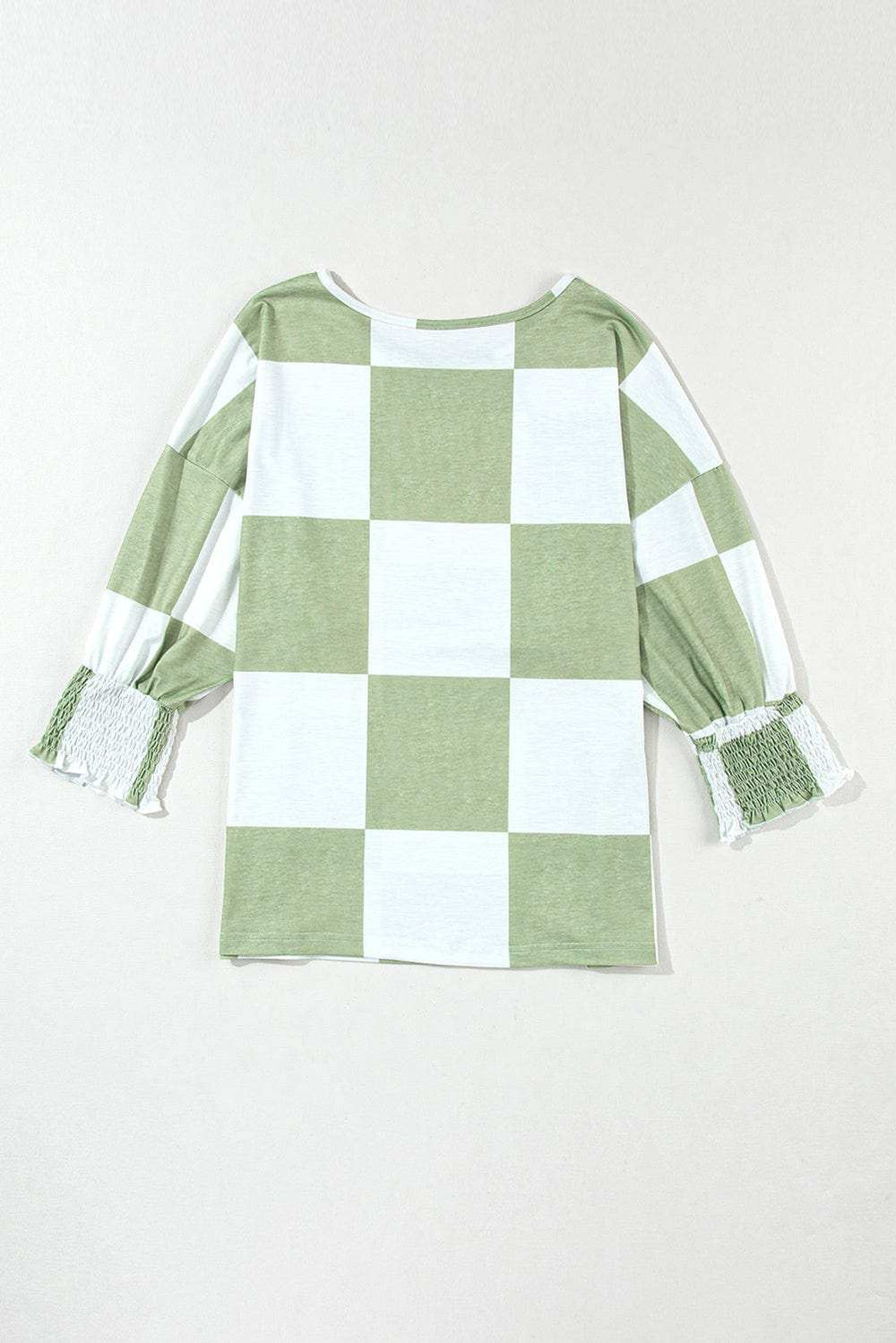 Checkered Round Neck Lantern Sleeve Top - Trendsi - Flyclothing LLC