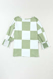 Checkered Round Neck Lantern Sleeve Top - Trendsi - Flyclothing LLC