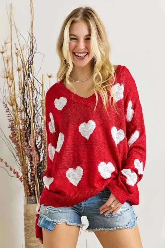 ADORA Full Size Heart V-Neck Knit Top Plus Size - Trendsi - Flyclothing LLC