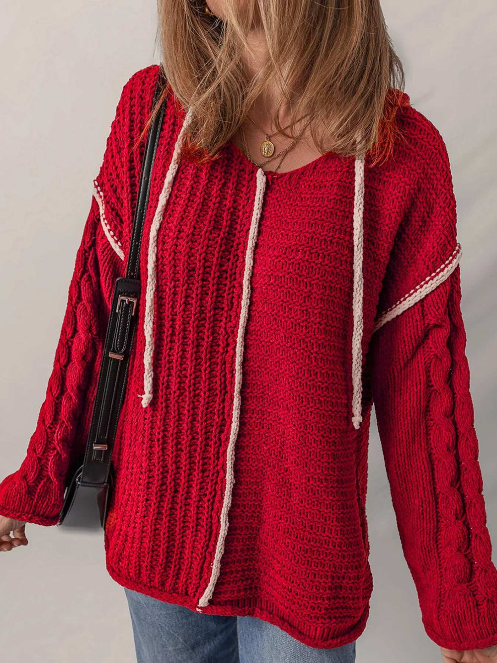 Contrast Trim Textured Knit Drawstring Hooded Sweater - Trendsi - Flyclothing LLC