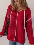 Contrast Trim Textured Knit Drawstring Hooded Sweater - Trendsi - Flyclothing LLC