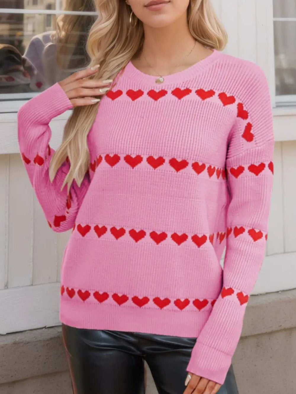 Heart Round Neck Long Sleeve Sweater - Trendsi - Flyclothing LLC
