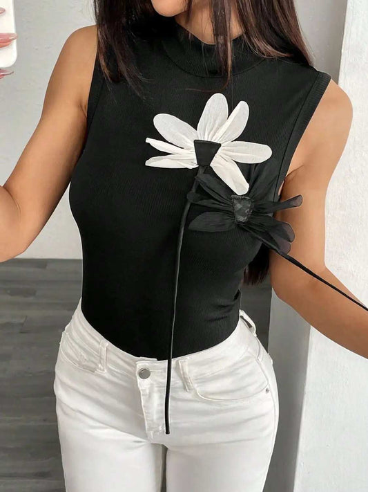 Flower Mock Neck Tank - Trendsi - Flyclothing LLC