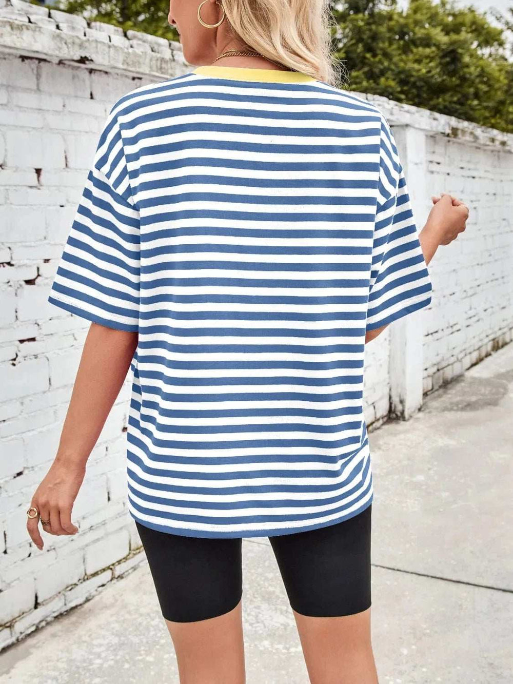 Contrast Striped Round Neck T-Shirt - Trendsi - Flyclothing LLC