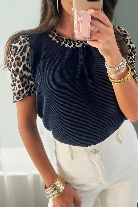 Ribbed Contrast Leopard Patchwork Short Sleeve Top - Trendsi - Flyclothing LLC