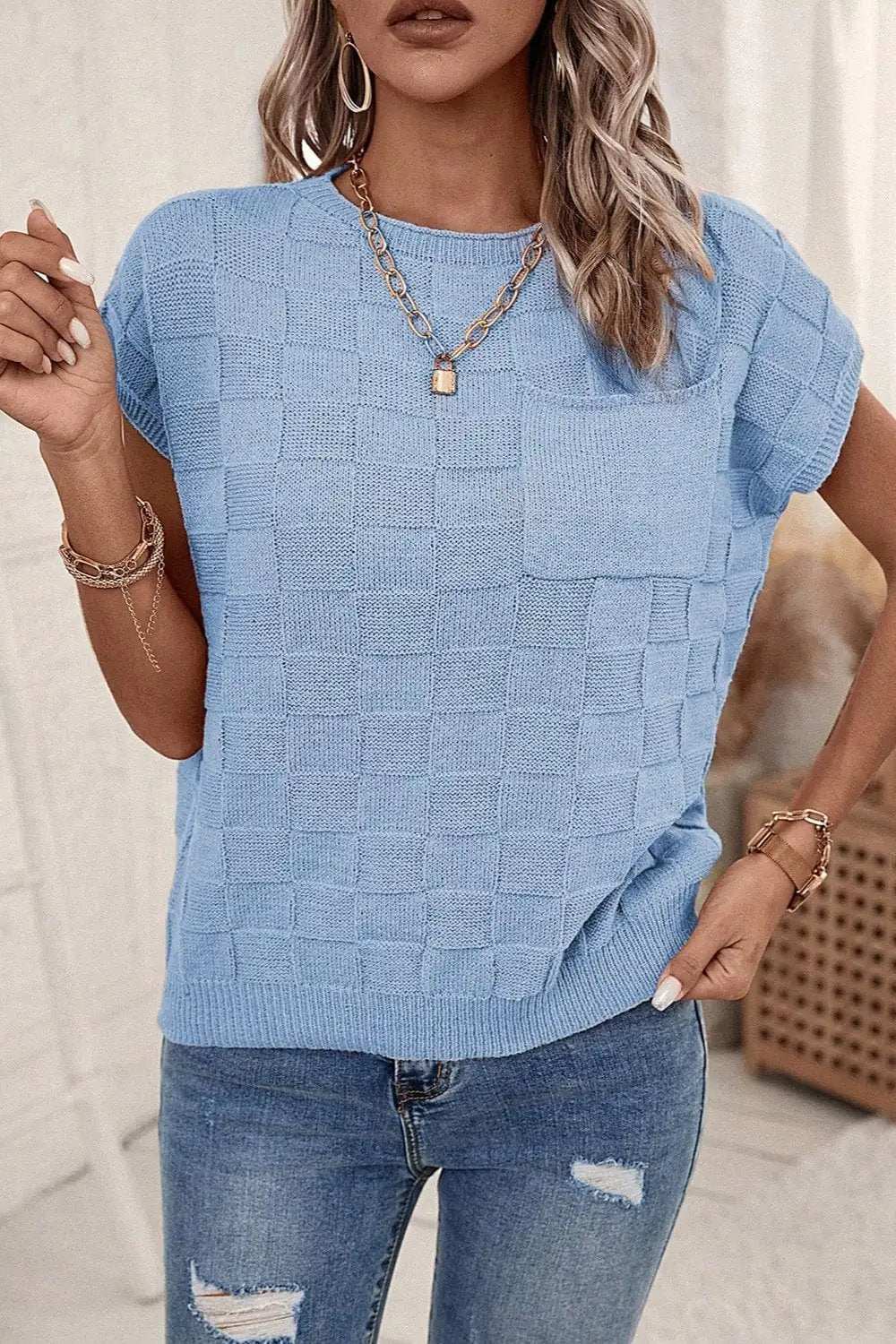 Pocketed Checkered Round Neck Knit Top - Trendsi - Flyclothing LLC