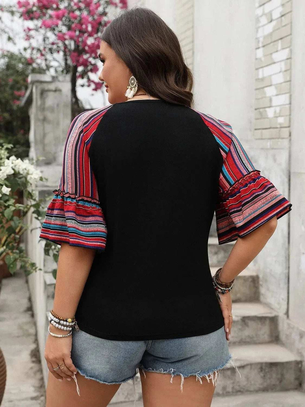 Plus Size V-Neck Flounce Sleeve Top - Trendsi - Flyclothing LLC