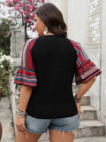 Plus Size V-Neck Flounce Sleeve Top - Trendsi - Flyclothing LLC