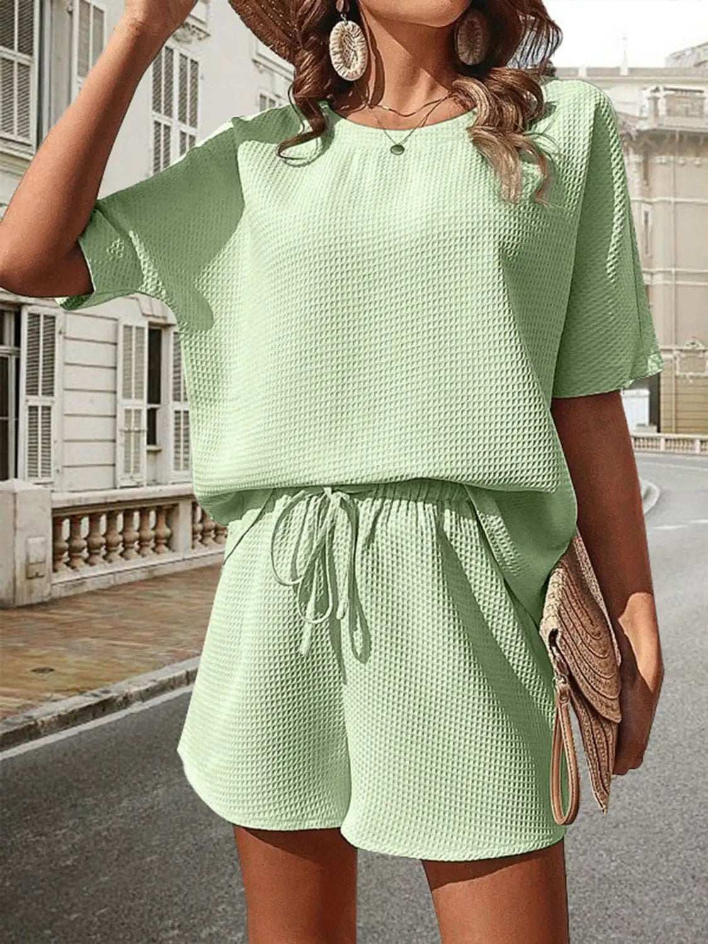 Waffle-Knit Half Sleeve Top and Shorts Set - Trendsi - Flyclothing LLC