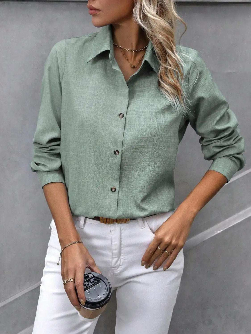 Button Up Collared Neck Long Sleeve Shirt - Trendsi - Flyclothing LLC