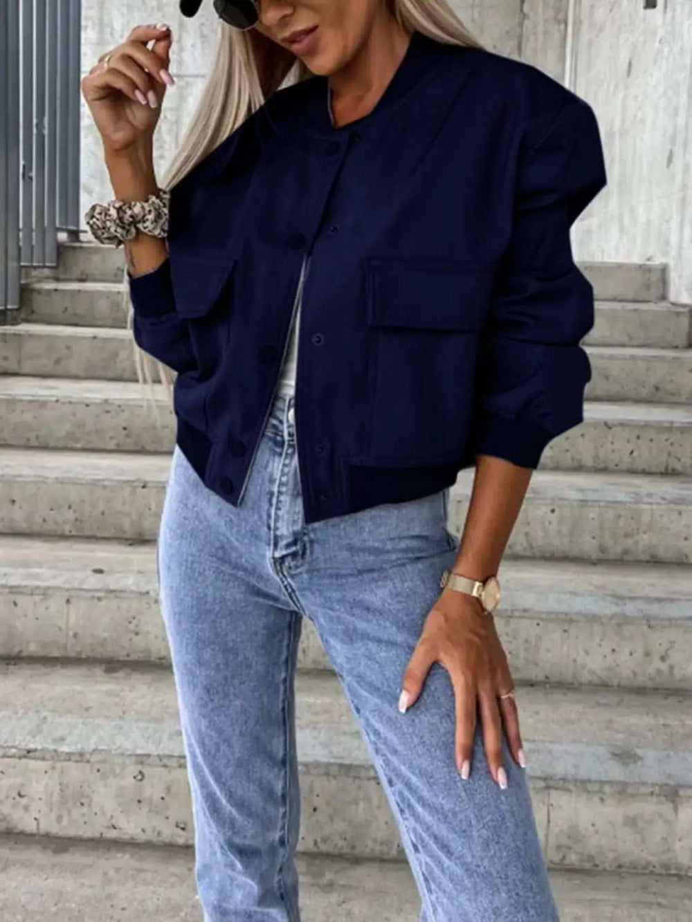 Baseball Collar Dropped Shoulder Jacket - Trendsi - Flyclothing LLC