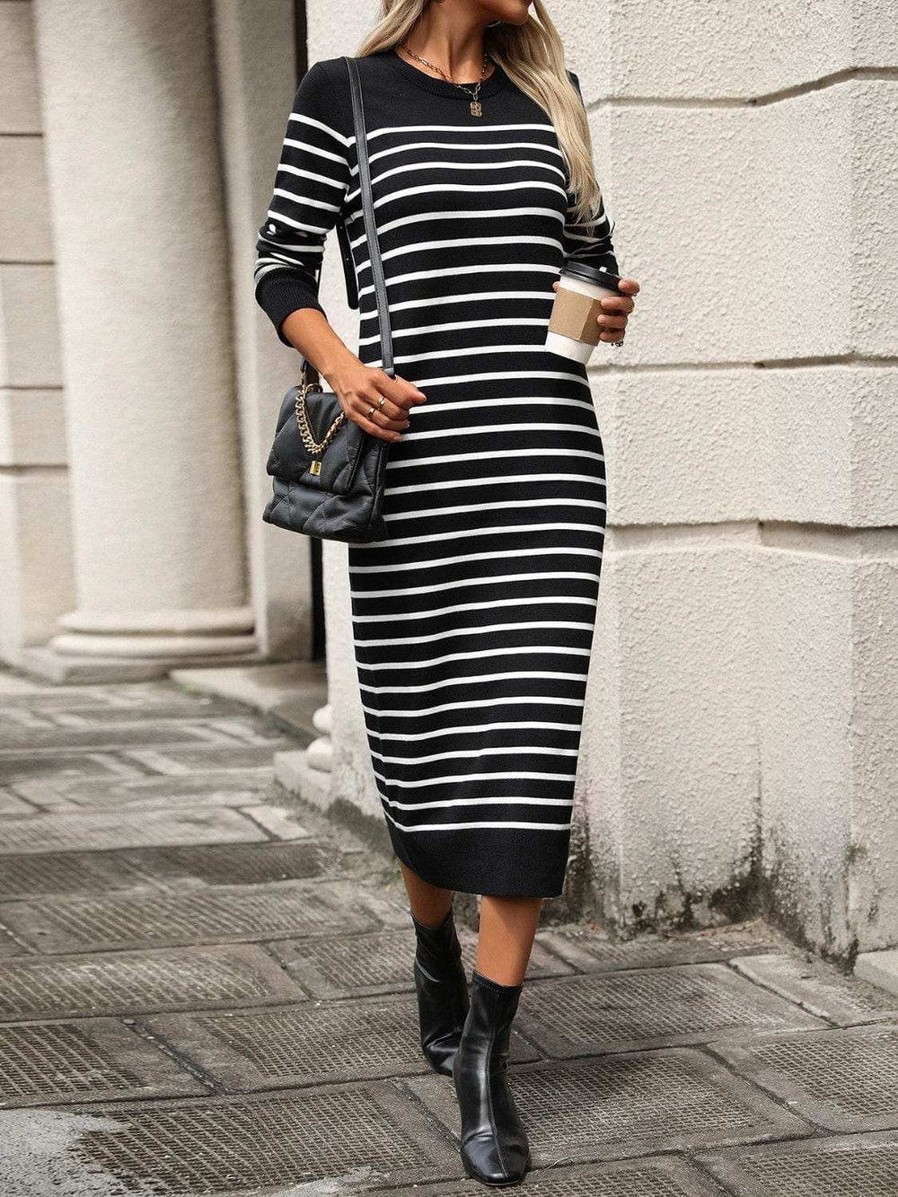 Striped Round Neck Long Sleeve Dress - Trendsi - Flyclothing LLC