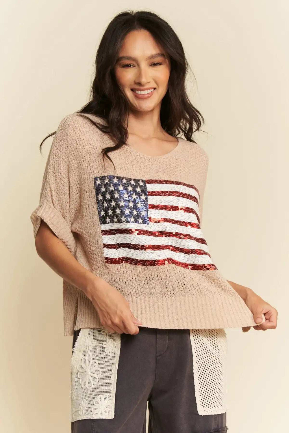 Davi & Dani Sequin American Flag Patch Short Sleeve Knit Top - Trendsi - Flyclothing LLC
