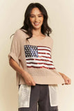 Davi & Dani Sequin American Flag Patch Short Sleeve Knit Top - Trendsi - Flyclothing LLC