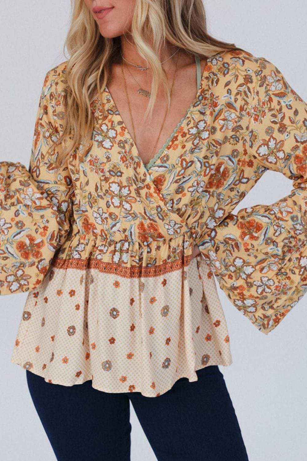 Peplum Printed Surplice Flare Sleeve Blouse - Trendsi - Flyclothing LLC