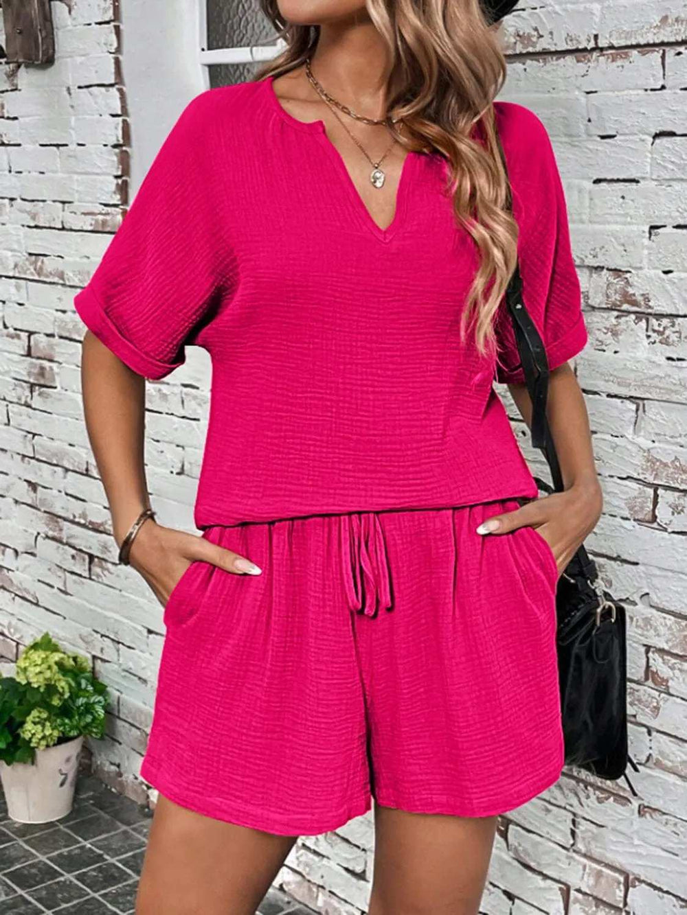 Notched Half Sleeve Top and Shorts Set - Trendsi - Flyclothing LLC